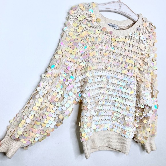 Vintage Semplice Pailette Sequin Dolman Sleeve Cream Sweater 1980s 80s Medium - Picture 2 of 5